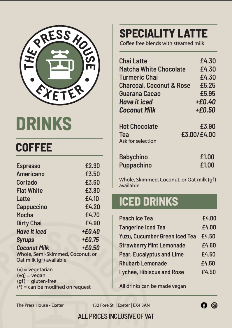 Drinks menu