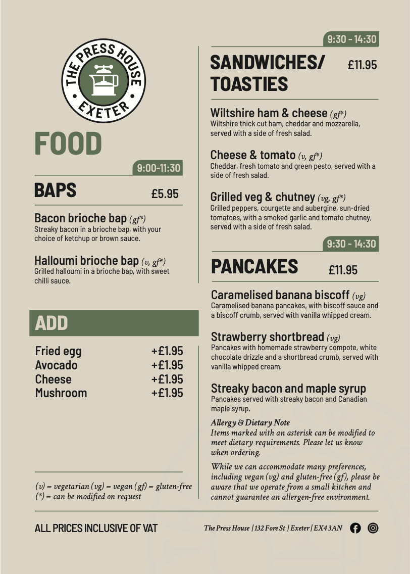 The Press House food menu